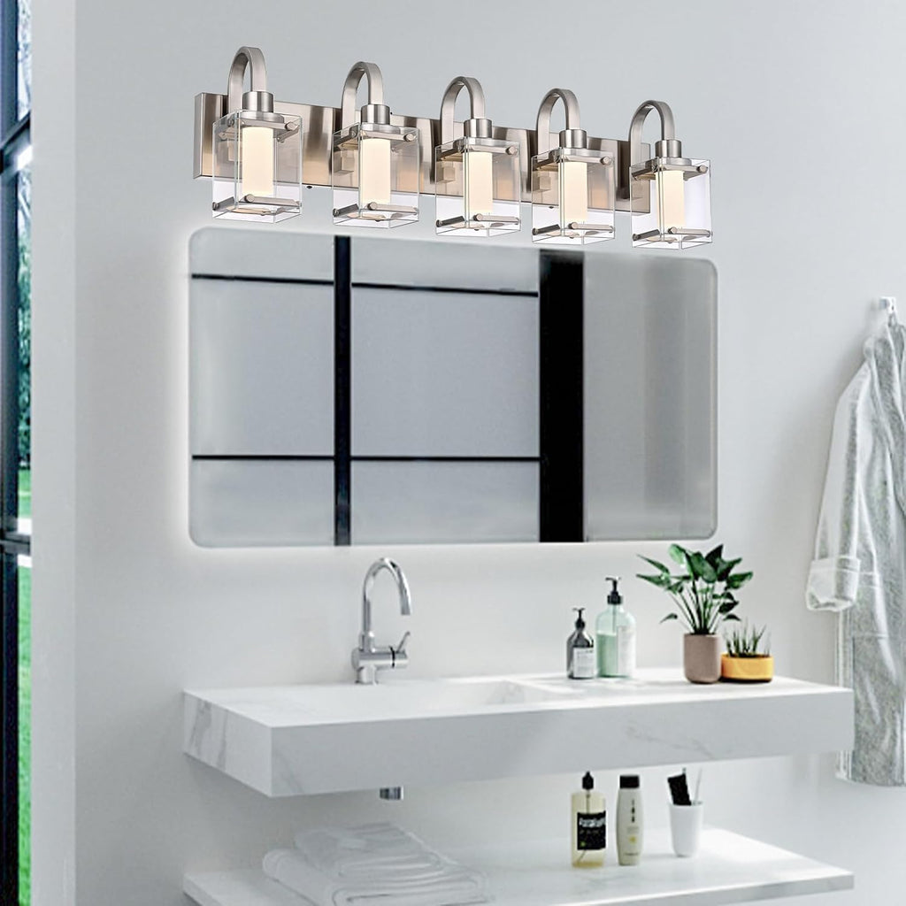 5-Light Brushed Nickel Vanity Light Fixtures, Modern LED Bathroom Wall Lights for Dressing Room, Integrated LED Chips with Frosted Column & Clear Square Glass Shades, Energy Saving Wall Sconce
