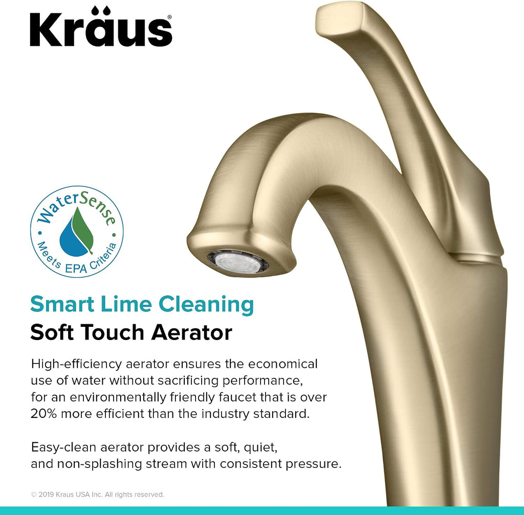 KRAUS KVF-1200BG Arlo™ Brushed Gold Tall Vessel Bathroom Faucet with Pop-Up Drain