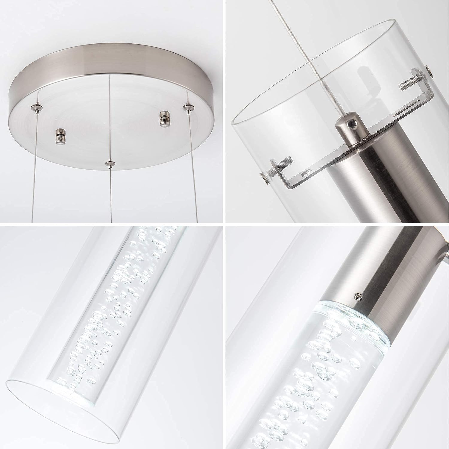 Kitchen Lighting Pendant Fixtures 3-Light LED Pendant Ceiling Fixture Brushed Nickel Bubble Cylinder Pendant Light with Adjustable Length for Kitchen Island Dinning Room Bedroom