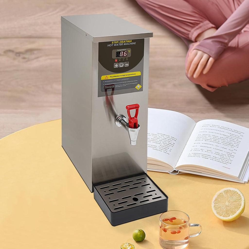Step-Heating Commercial Hot Water Dispenser Countertop 2000W Fast Ready Water Boiler Machine Automatic 8L Water Boiler for Restaurant, Home, Office (Silver)