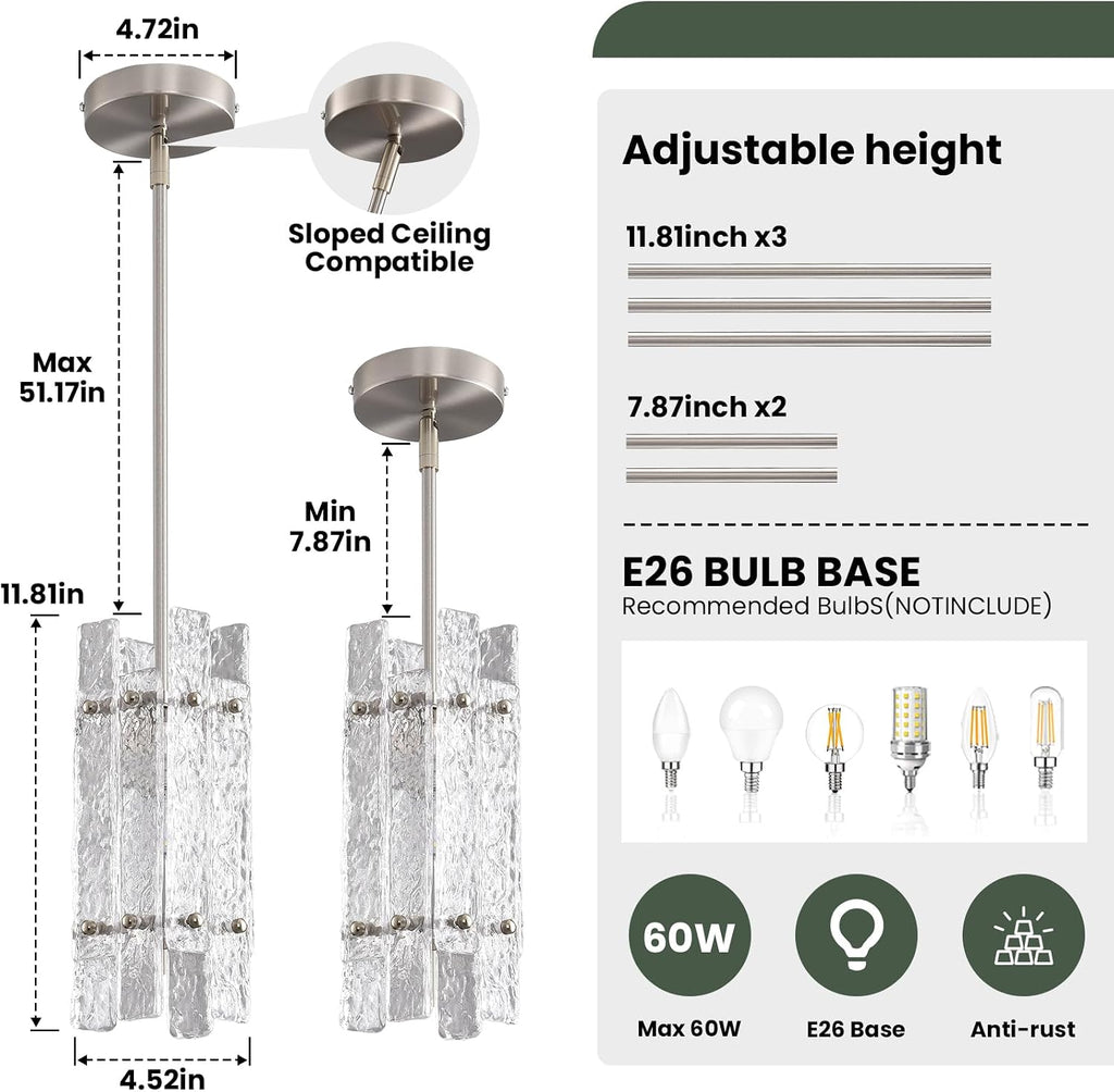 Modern Crystal Pendant Light for Kitchen Island, Brushed Nickel Luxury Mini Water Ripple Glass Chandelier Lights Fixture, Square Adjustable Hanging Pendant Lighting for Dining Room Bedroom (3-Pack)