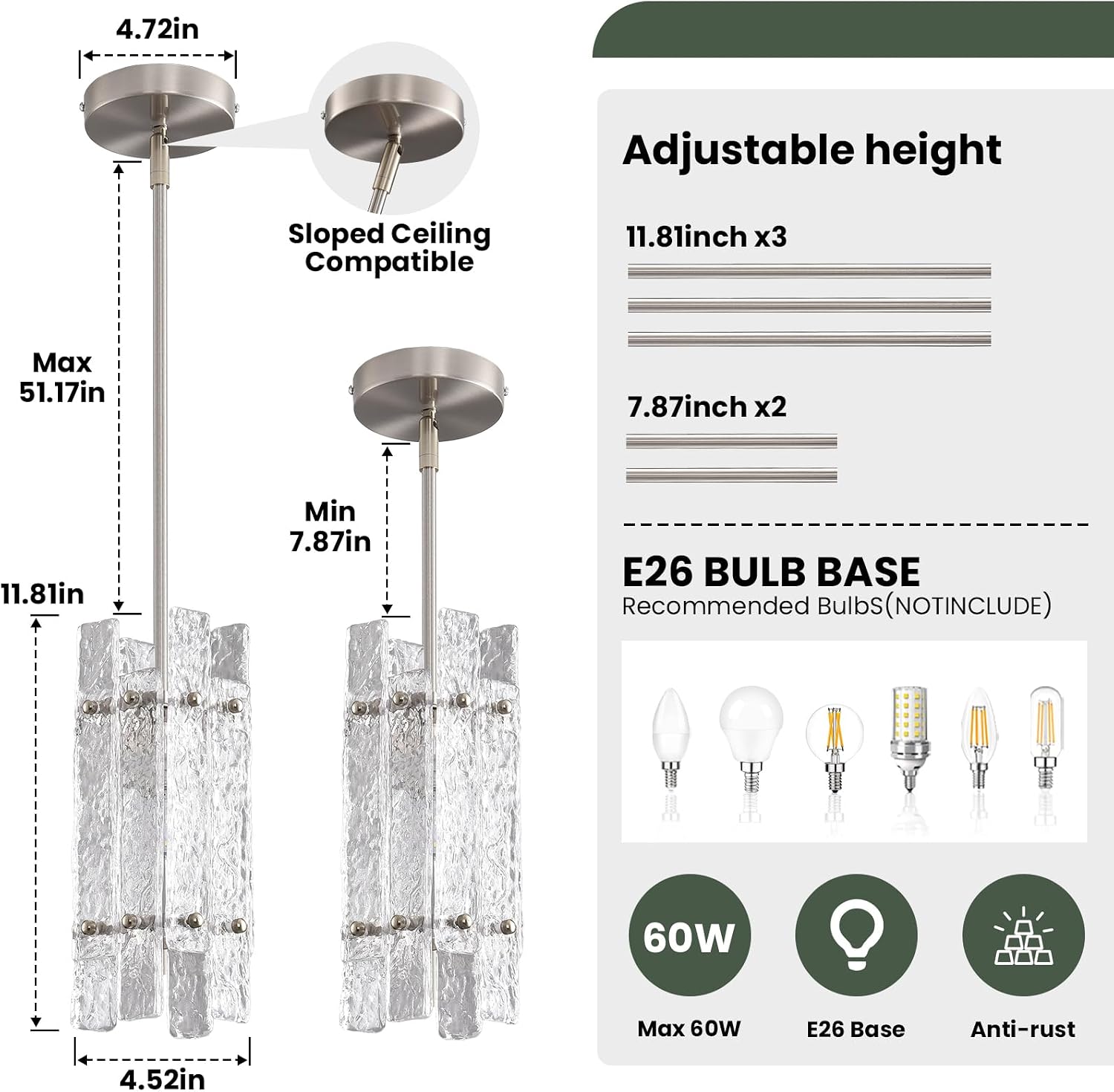 Modern Crystal Pendant Light for Kitchen Island, Brushed Nickel Luxury Mini Water Ripple Glass Chandelier Lights Fixture, Square Adjustable Hanging Pendant Lighting for Dining Room Bedroom (3-Pack)