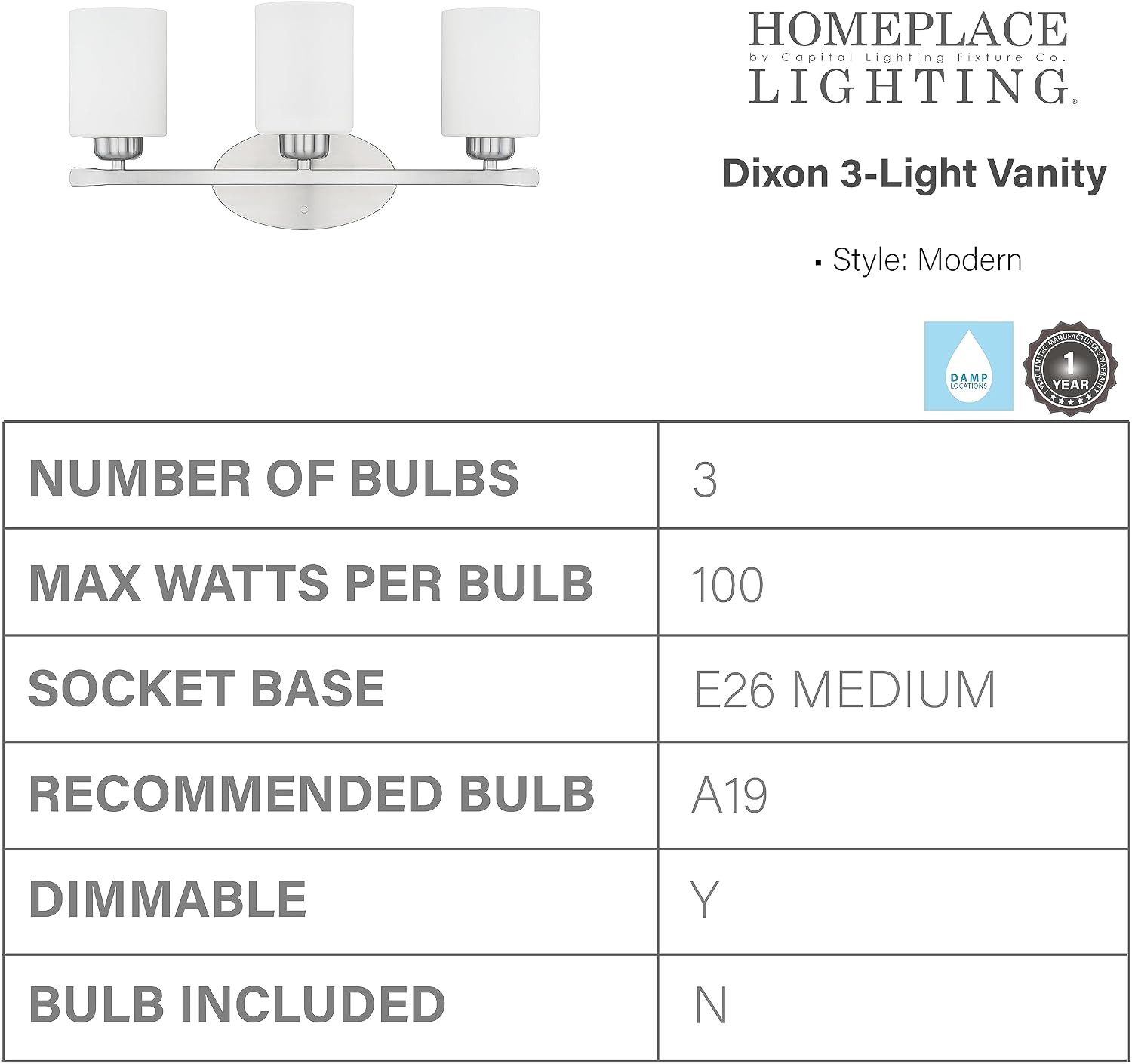 HomePlace Lighting 115231BN-338 Dixon Modern Soft White Glass Bathroom Vanity Wall Light, 3-Light 300 Total Watts, 9' H x 21' W, Brushed Nickel