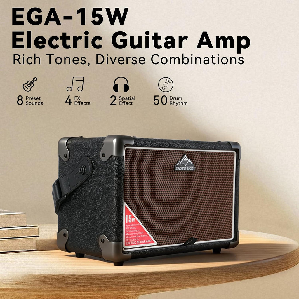 EASTROCK 15W Electric Guitar Amp, EGA-15W Portable Guitar Amplifier with Bluetooth, Built-in Looper & Drum Machine Speaker, AUX/OTG/Headphone, 8 Voices, FX Effects-Black