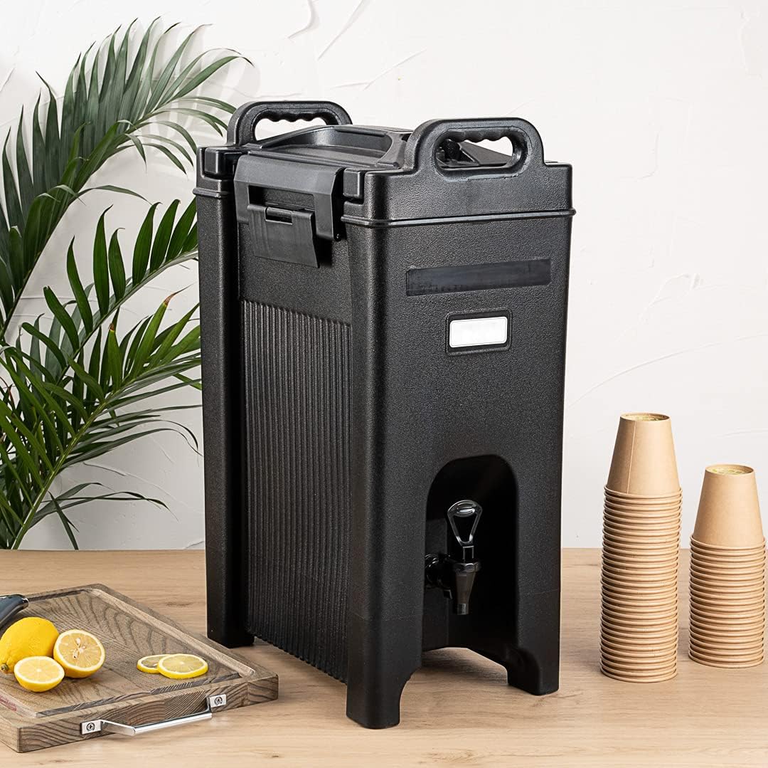 Restaurantware Cater Tek 5 Gallon Beverage Dispenser 1 Insulated Drink Dispenser - Built-In Handles For Hot and Cold Drinks Black Plastic Beverage Server Use At Parties or Restaurants