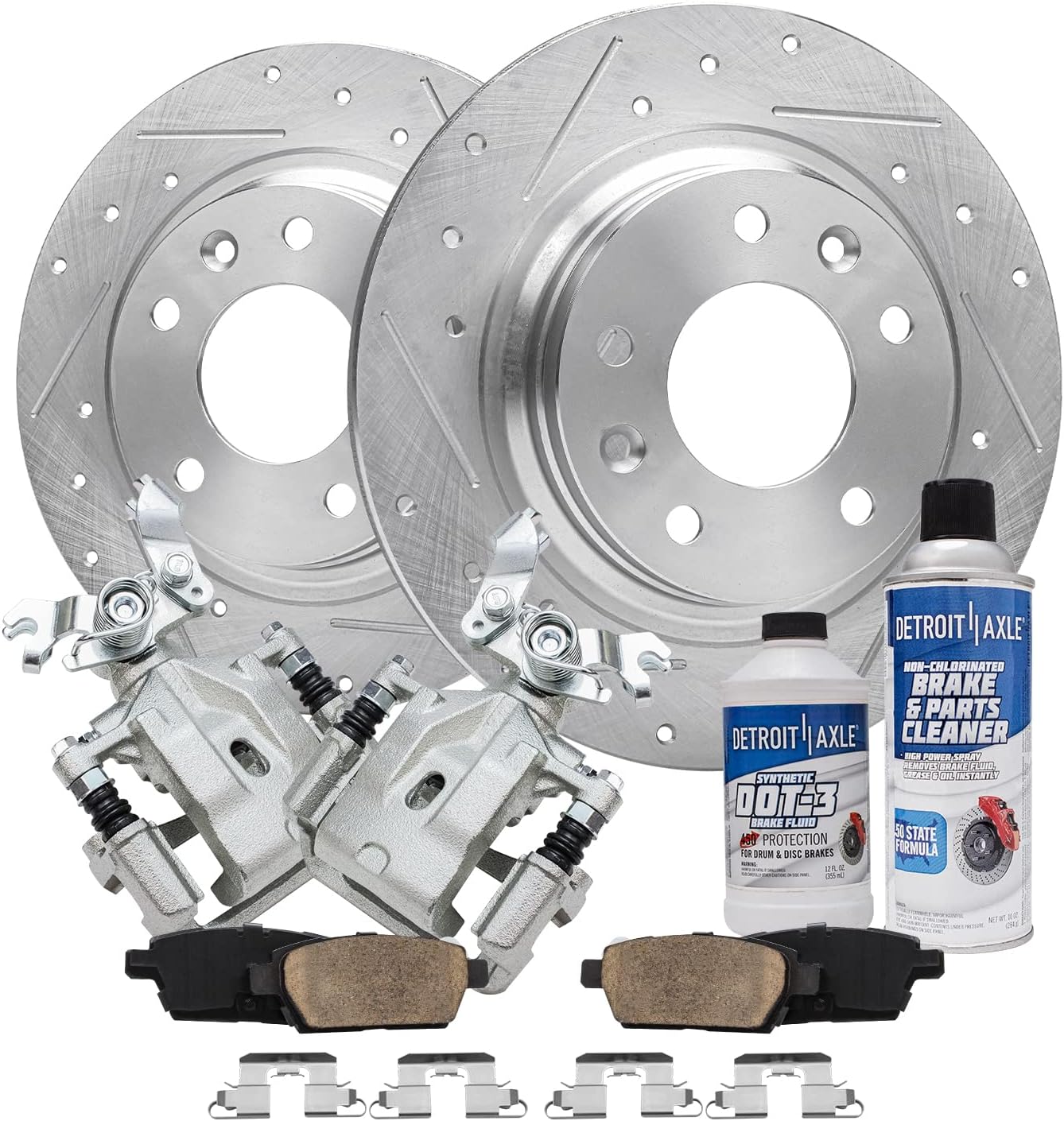 Detroit Axle - Rear Brake Kit for Ford Fusion Lincoln MKZ Zephyr Mazda 6 Mercury Milan, Drilled & Slotted Brake Rotors Ceramic Brake Pads Disc Brake Calipers Replacement : 11.02 inch Rotor