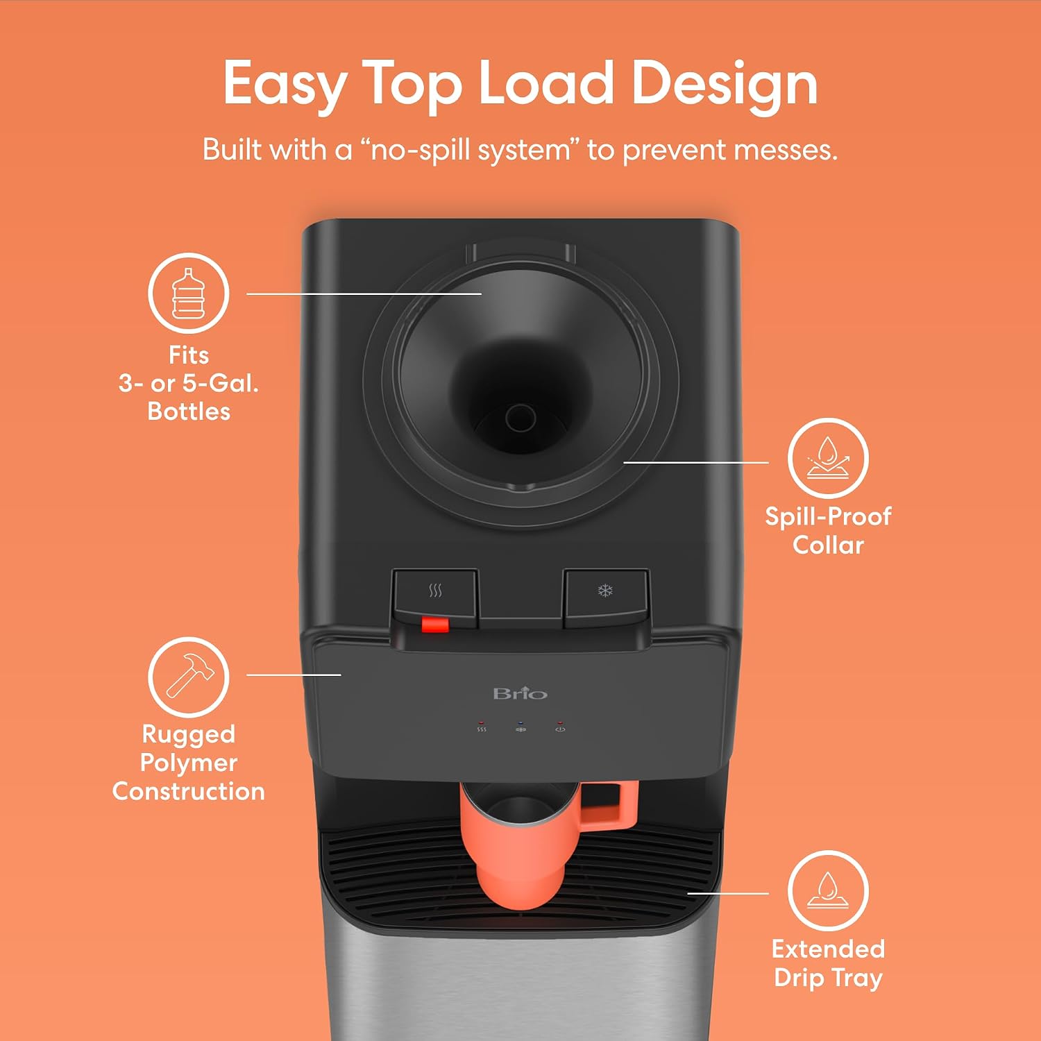 Brio 130 Series Top-Load Water Cooler Dispenser for 3- and 5-Gallon Bottles, Hot & Cold, Spill-Free Loading, Child Safety Lock, Energy Star 3.0, Black & Stainless