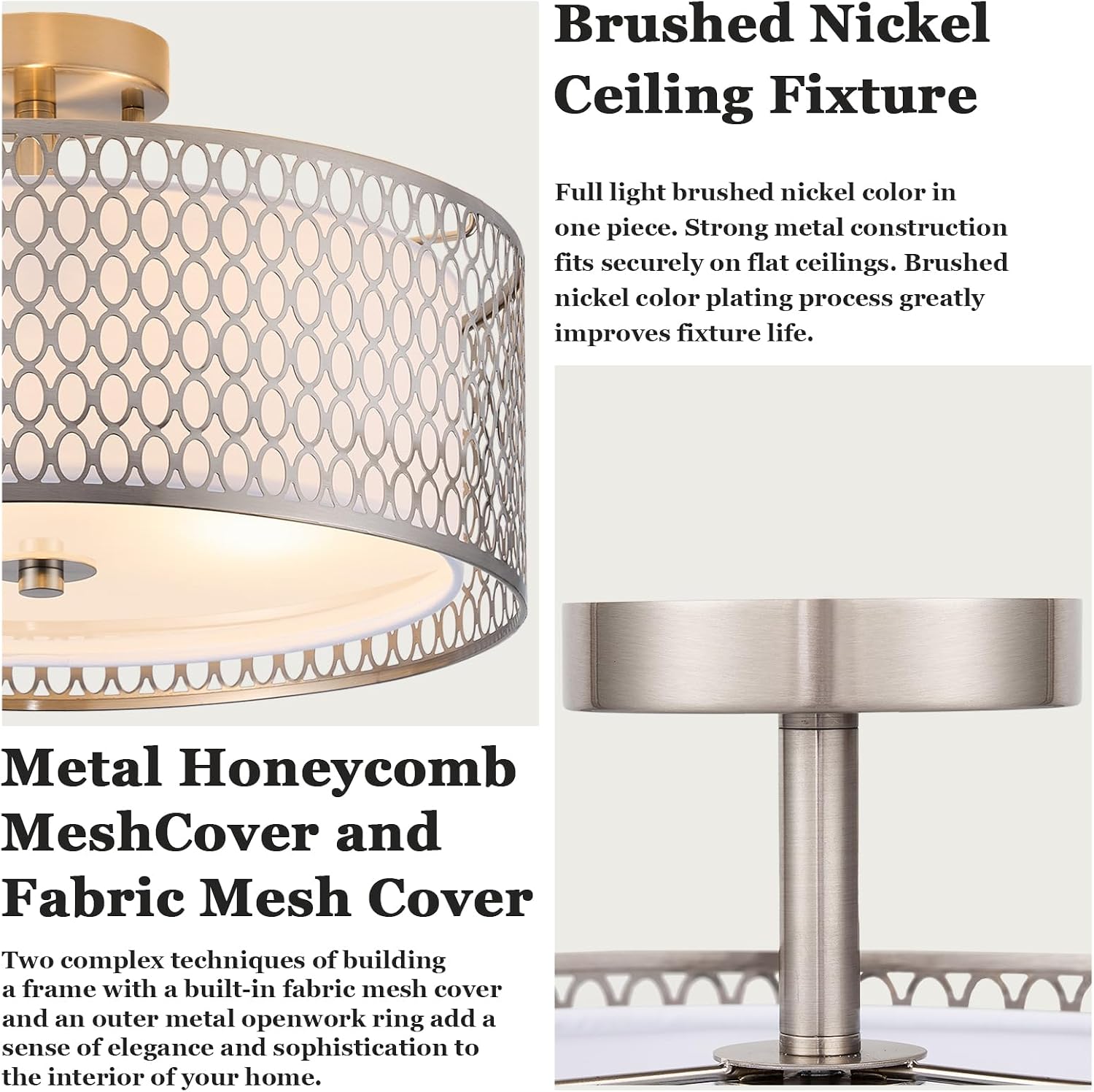 17' Semi Flush Mount Ceiling Light Fixture, Modern 3-Light E26 Double Drum Ceiling Lighting with White Fabric Lampshade and Gloden Iron Mesh Cage for Living Room Bedroom, Brushed Nickel
