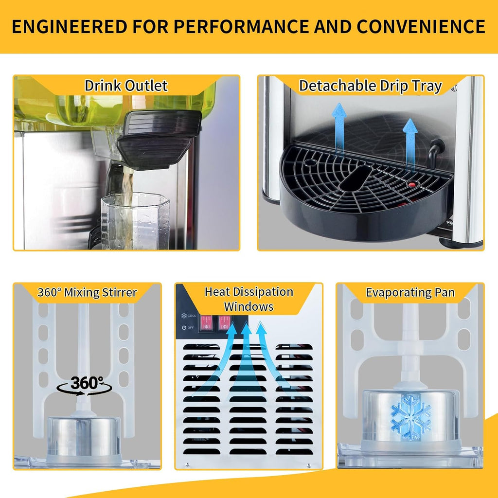 Commercial Beverage Dispenser, 36L Dual-Tank 300W Refrigerated Cooler | Maintains 45-54°F with independent cooling and mixing controls, stainless steel body, and removable tanks.