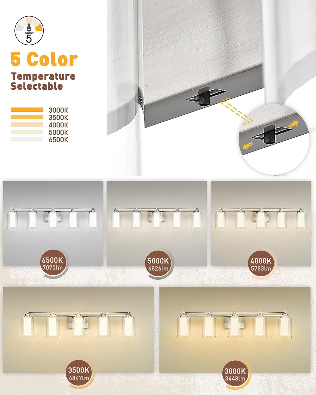 5 Light Bathroom Vanity Light, HWH Brushed Nickel Vanity Lights, Wall Mount Vanity Light Over Mirror, 30W 5CCT Dimmable LED Vanity Lights for Bathroom, 5HLT63B-5W-LED BN