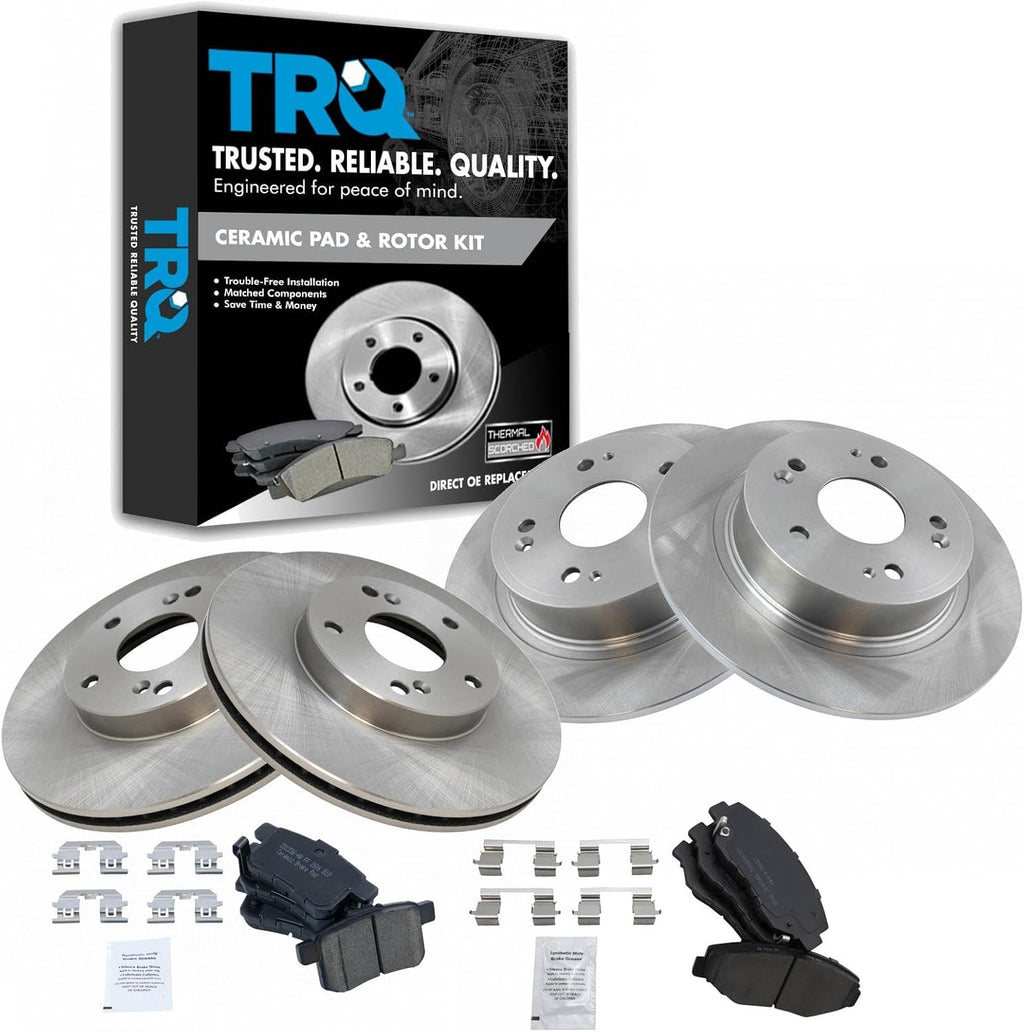 TRQ Front and Rear Brake Pad and Rotor Set Ceramic Vented Solid Rotors Compatible with 2008-2017 Honda Accord