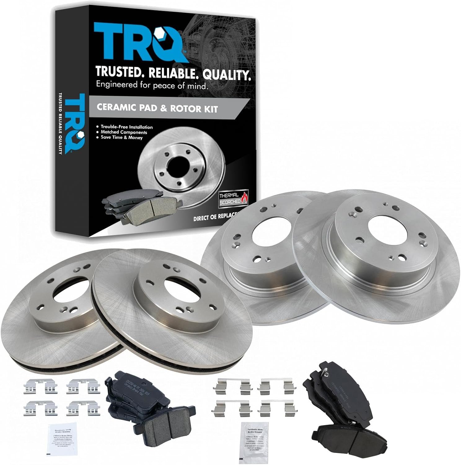 TRQ Front and Rear Brake Pad and Rotor Set Ceramic Vented Solid Rotors Compatible with 2008-2017 Honda Accord