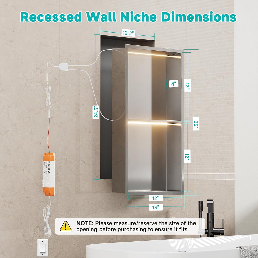 Stainless Steel LED Lights Shower Niche 12'x24' - No Tile Needed Double Shelves Recessed Wall Niche for Bathroom Storage, Brushed