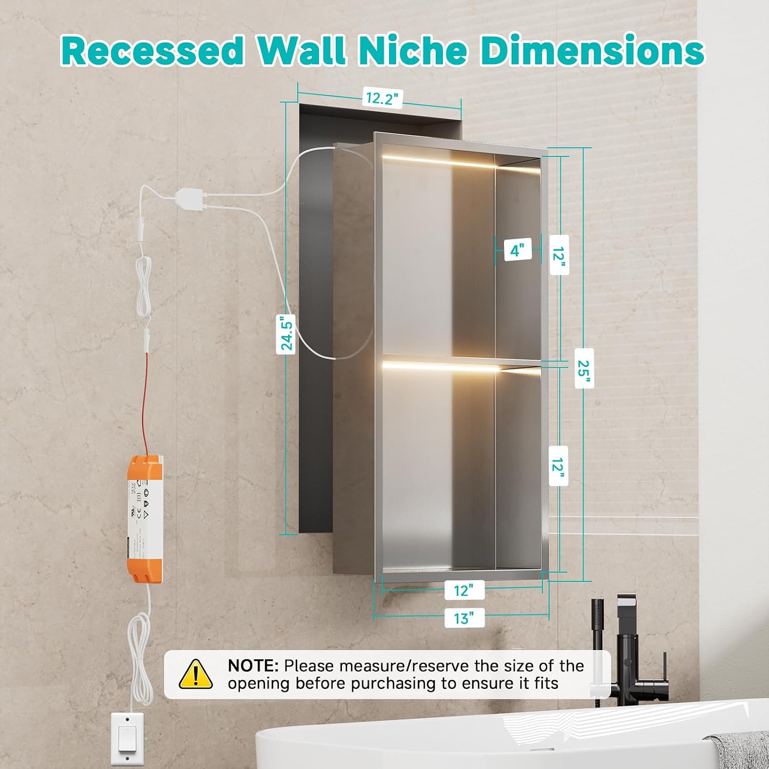 Stainless Steel LED Lights Shower Niche 12'x24' - No Tile Needed Double Shelves Recessed Wall Niche for Bathroom Storage, Brushed
