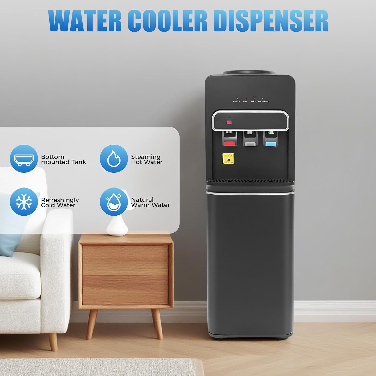 Bottom Loading Water Cooler Dispenser 3 Temperature Settings Hot, Cold & Room Water, Water Dispenser for 3 or 5 Gallon Bottles Heating Capacity 1.32Gal/H, Cooling 0.53Gal/H (Black 550W)