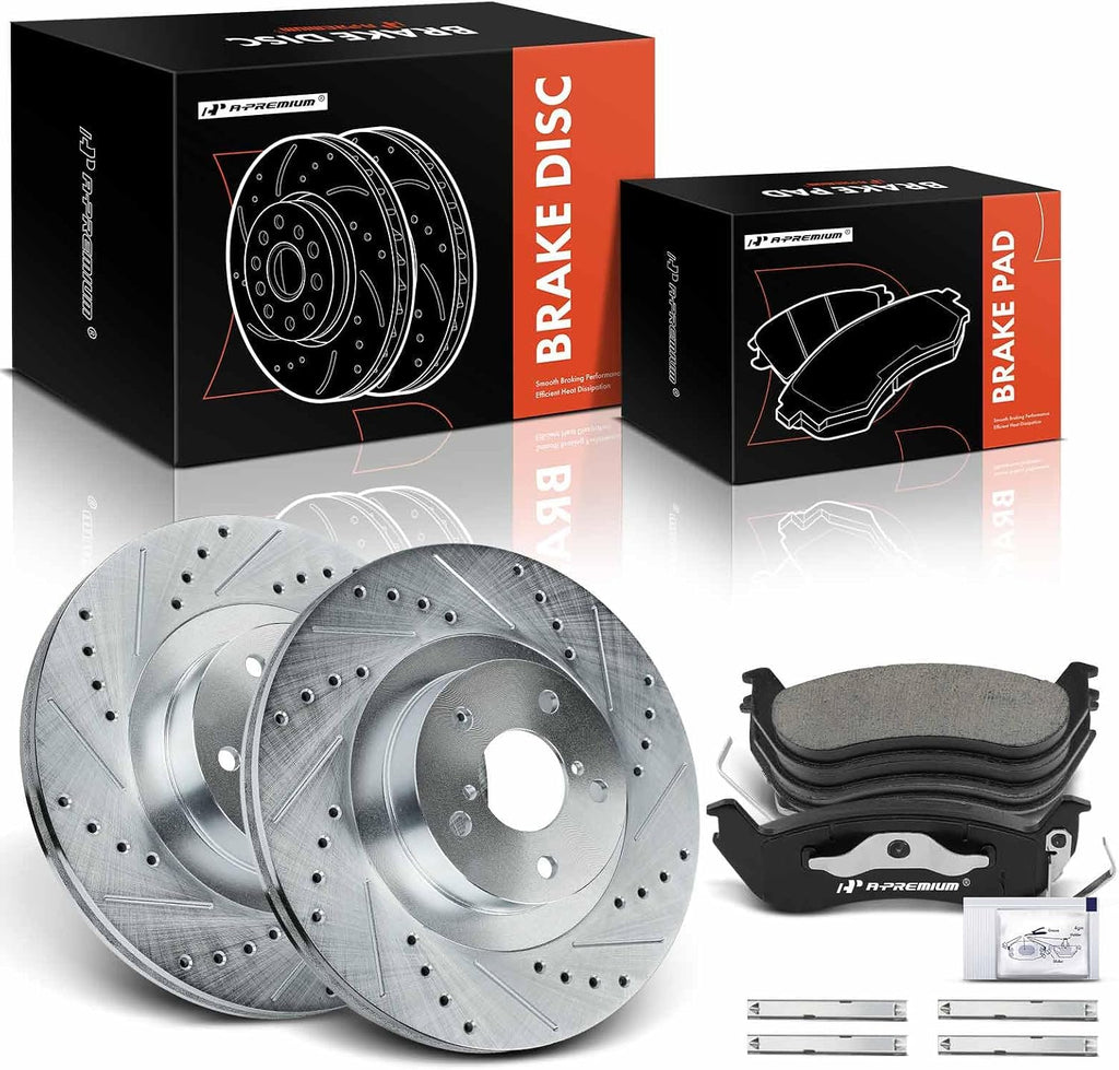 A-Premium 11.57 inch (293.80mm) Front Drilled and Slotted Disc Brake Rotors + Ceramic Pads Kit Compatible with Select Subaru & Saab Models - Outback, Forester, Impreza, Legacy, Baja, 9-2X, 6-PC Set