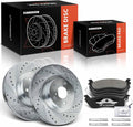 A-Premium 11.57 inch (293.80mm) Front Drilled and Slotted Disc Brake Rotors + Ceramic Pads Kit Compatible with Select Subaru & Saab Models - Outback, Forester, Impreza, Legacy, Baja, 9-2X, 6-PC Set