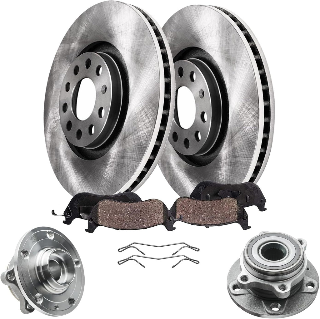 Detroit Axle - 6pc Front Brake Kit for Volkswagen Jetta Golf Eos Audi A3 Quattro, Disc Brake Rotors Ceramic Brakes Pads Wheel Bearing Hubs Replacement