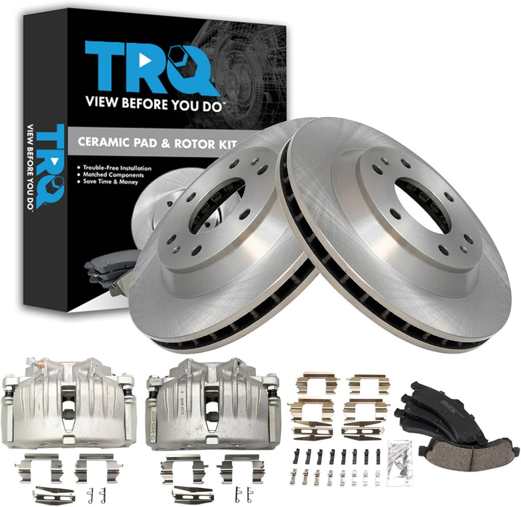 TRQ Front Brake Pad and Rotor Set Ceramic Vented Rotors Calipers Compatible with 2002-2005 Chevrolet Trailblazer GMC Envoy 2002-2004 Oldsmobile Bravada 2004-2005 Buick Rainier 2005 Isuzu Ascender