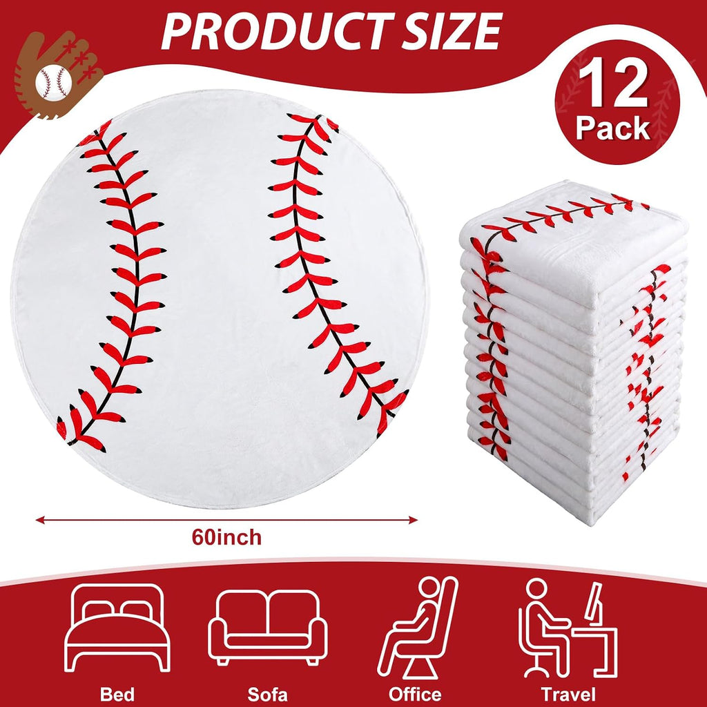 Eurzom 12 Pcs Baseball Throw Blankets Bulk for Teens Adults 60' Round Soft Flannel Sport Ball Blanket Team Gift for Baseball Lovers Coaches Players Senior Night Birthday Party Supplies