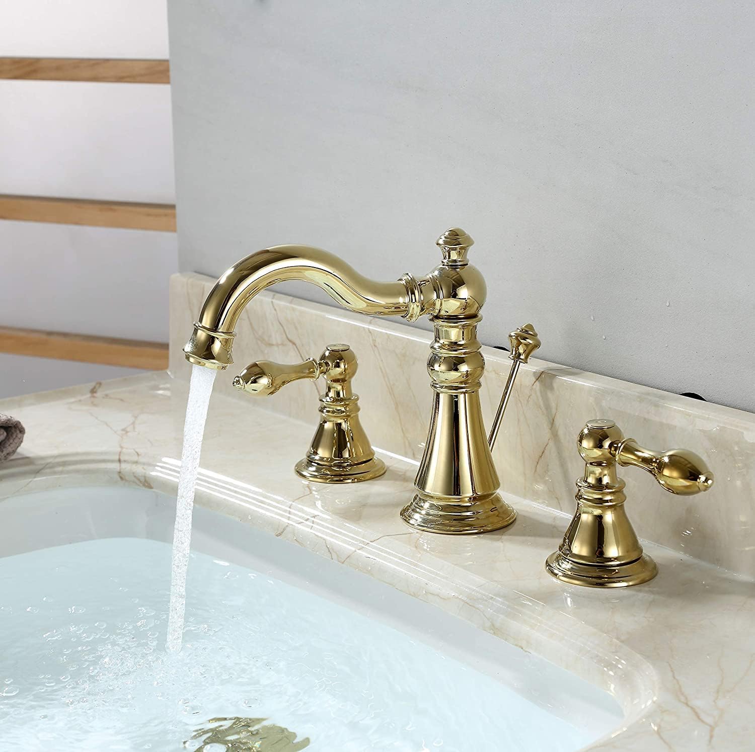 Gold Finish Bathroom Faucet 8 Inch Widespread Polished Brass,Two-Handle Sink Faucet 3 Hole with Brass Pop up Drain Assembly, F-8303-PB