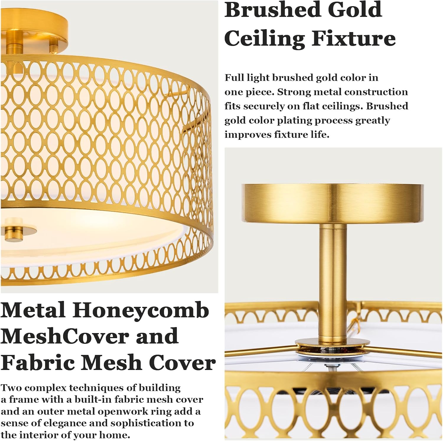 17' Semi Flush Mount Ceiling Light Fixture, 3-Light Gold Light Fixture, Close to Ceiling Light Fixture with White Fabric Lampshade and Gloden Iron Mesh Cage for Dining Room Living Room Bedroom