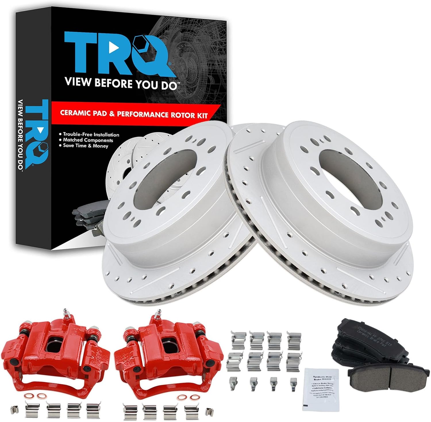 TRQ Performance Rear Brake Pad and Rotor Set Ceramic Coated Drilled Slotted Vented Rotors Calipers Red Compatible with 2010-2020 Lexus GX460 2010-2018 Toyota 4Runner