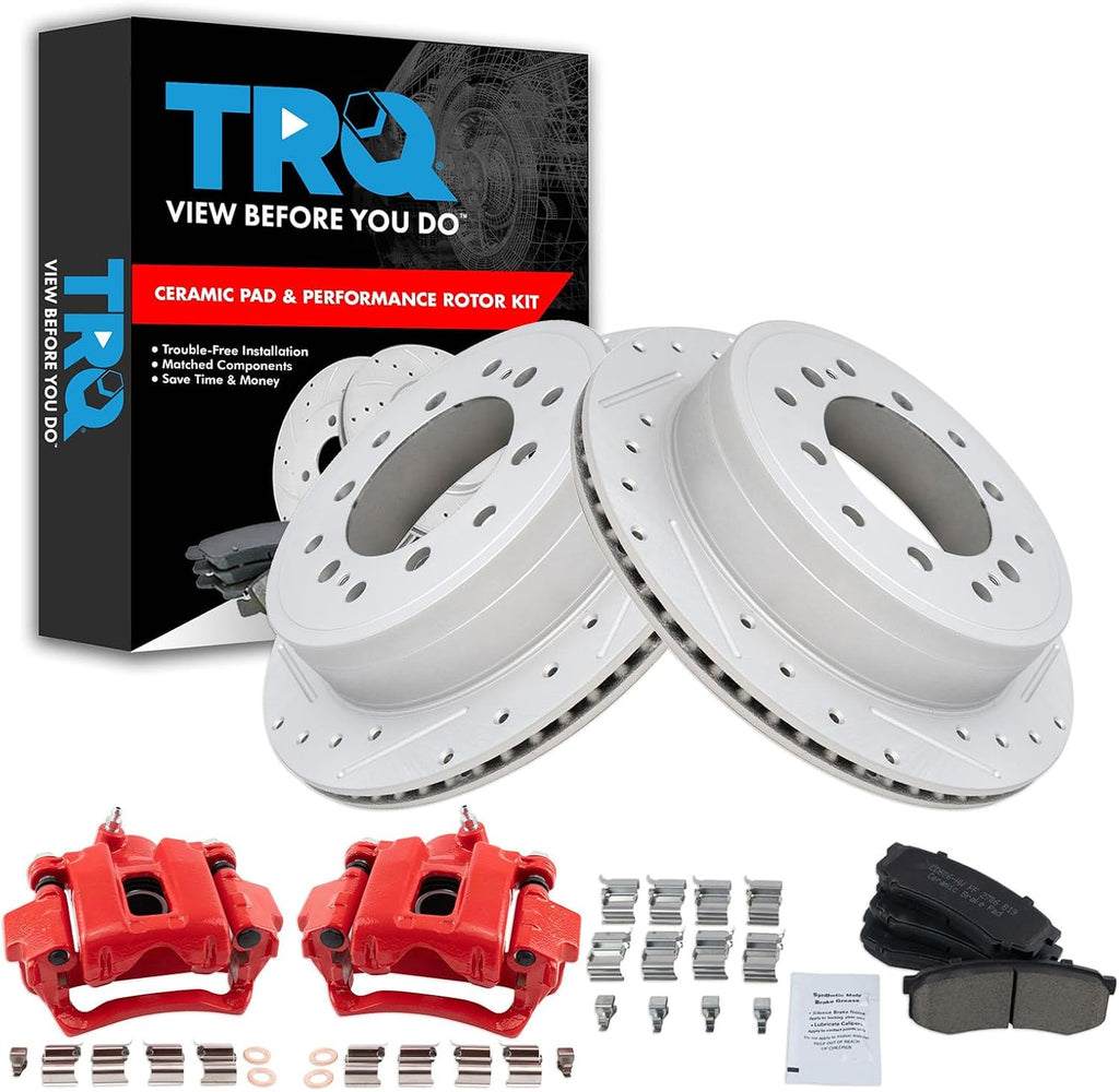 TRQ Performance Rear Brake Pad and Rotor Set Ceramic Drilled Slotted Coated Rotors Calipers Red Compatible with 2010-2014 Toyota FJ Cruiser