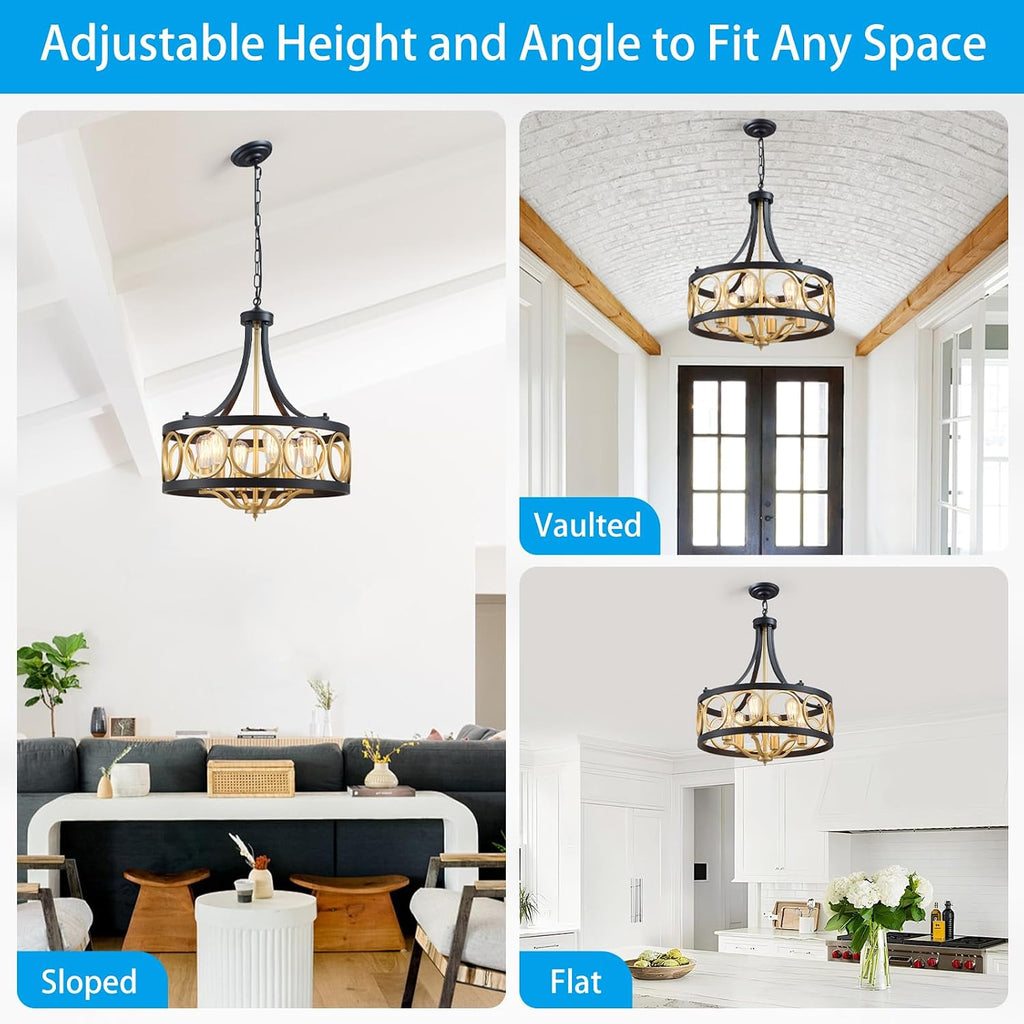 XINGQI 22' Black Gold Chandeliers for Dining Room Drum 6-Light Modern Pendant Lighting Fixture Over Table Rustic Metal Round Adjustable Height Hanging Lamp for Living Room Kitchen Island