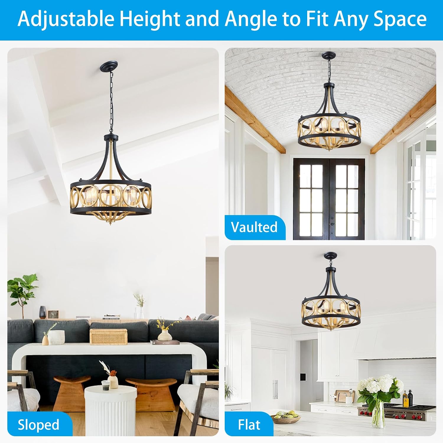 XINGQI 22' Black Gold Chandeliers for Dining Room Drum 6-Light Modern Pendant Lighting Fixture Over Table Rustic Metal Round Adjustable Height Hanging Lamp for Living Room Kitchen Island