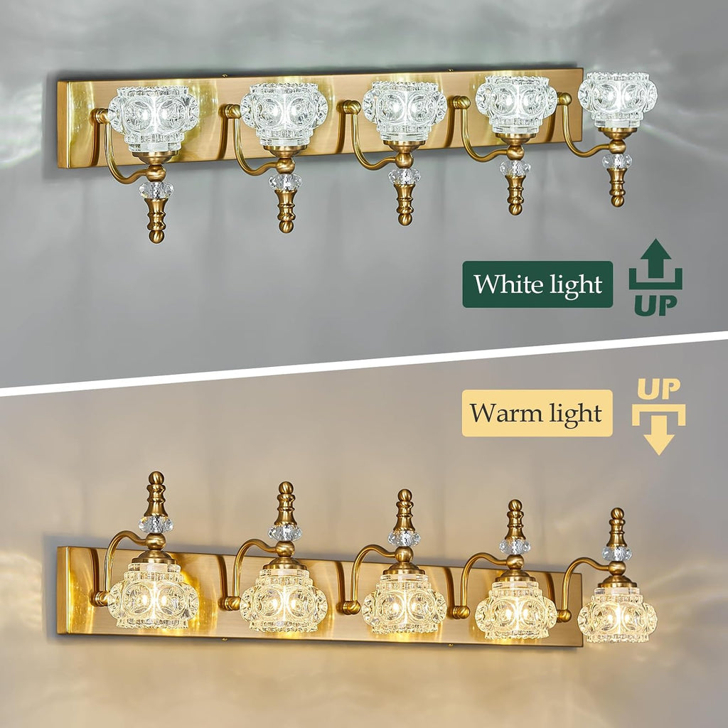 Modern Glass Crystal Vanity Light - Vintage Bathroom Lighting Fixtures Over Mirror, 5 Light Vanity Lights G9 Bulb (35.43 Inch, Gold)