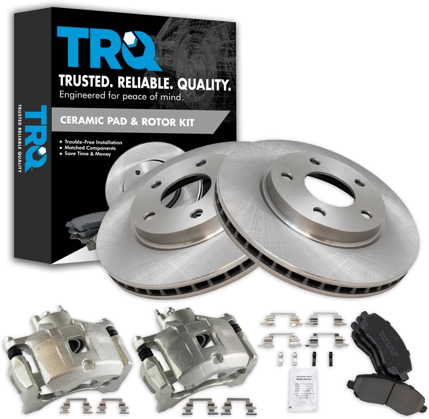 TRQ Front Brake Pad and Rotor Set Ceramic Vented Rotors Calipers Compatible with 2007-2012 Dodge Caliber