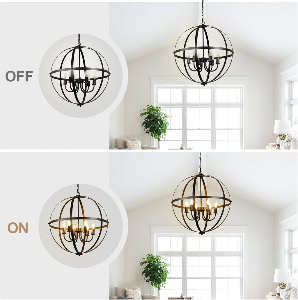 DLLT 6-Light Orb Chandelier, Black Globe Pendant Light Fixtures, Industrial Sphere Pendant Lighting Over Island, Adjustable Hanging Light with Metal Cage for Dining Room, Foyer, E12 Bulbs Not Included