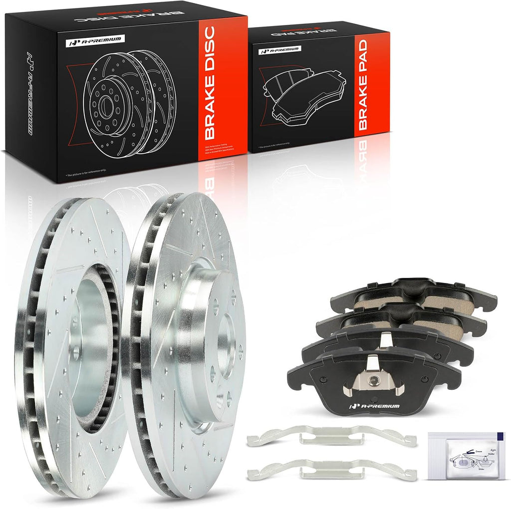 A-Premium 11.81 inch (300mm) Front Drilled and Slotted Disc Brake Rotors + Ceramic Pads Kit Compatible with Select Land Rover and Volvo Models - Range Rover Evoque, S60, XC70, S80, V60, V70, 6-PC Set