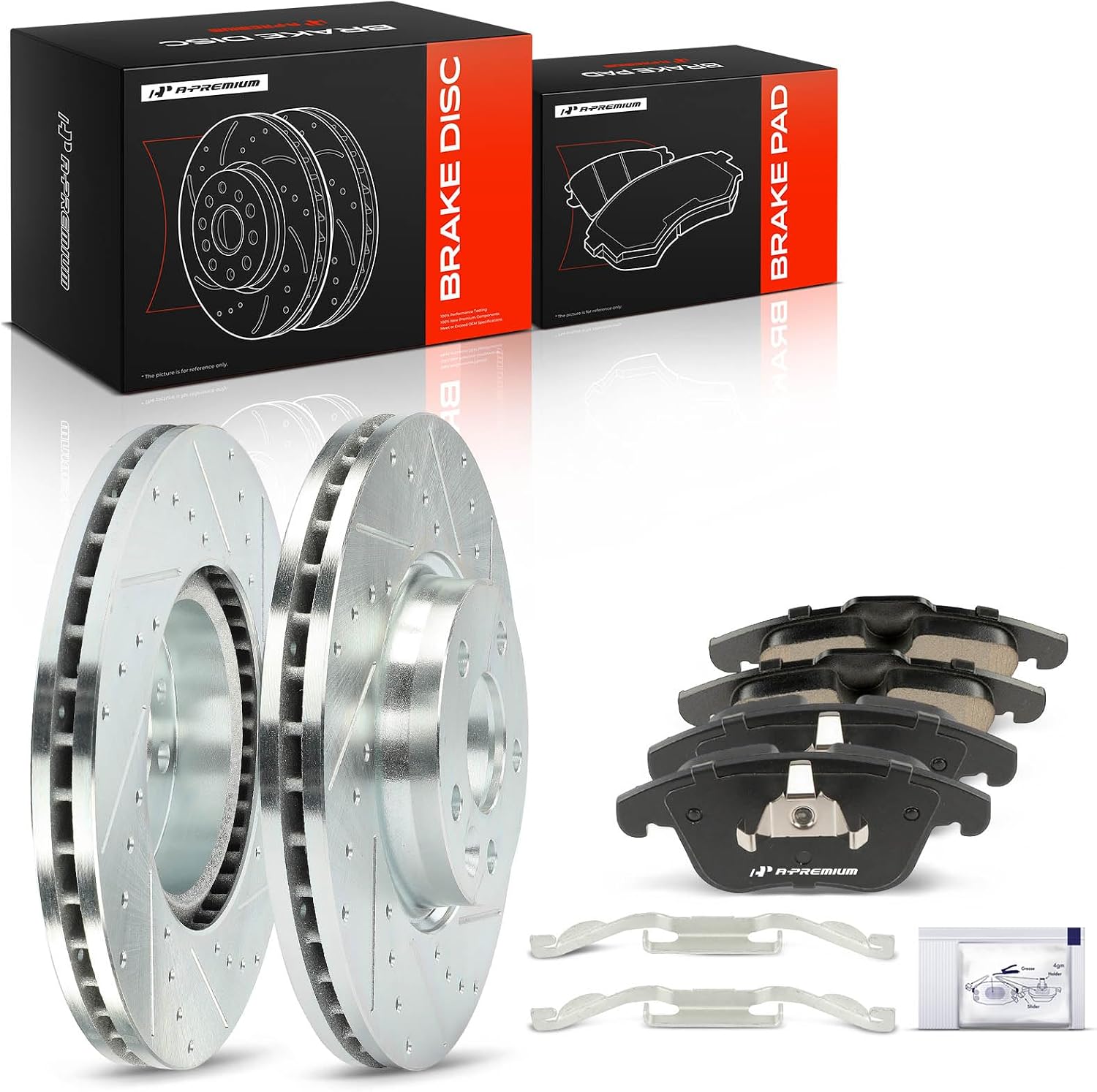 A-Premium 11.81 inch (300mm) Front Drilled and Slotted Disc Brake Rotors + Ceramic Pads Kit Compatible with Select Land Rover and Volvo Models - Range Rover Evoque, S60, XC70, S80, V60, V70, 6-PC Set