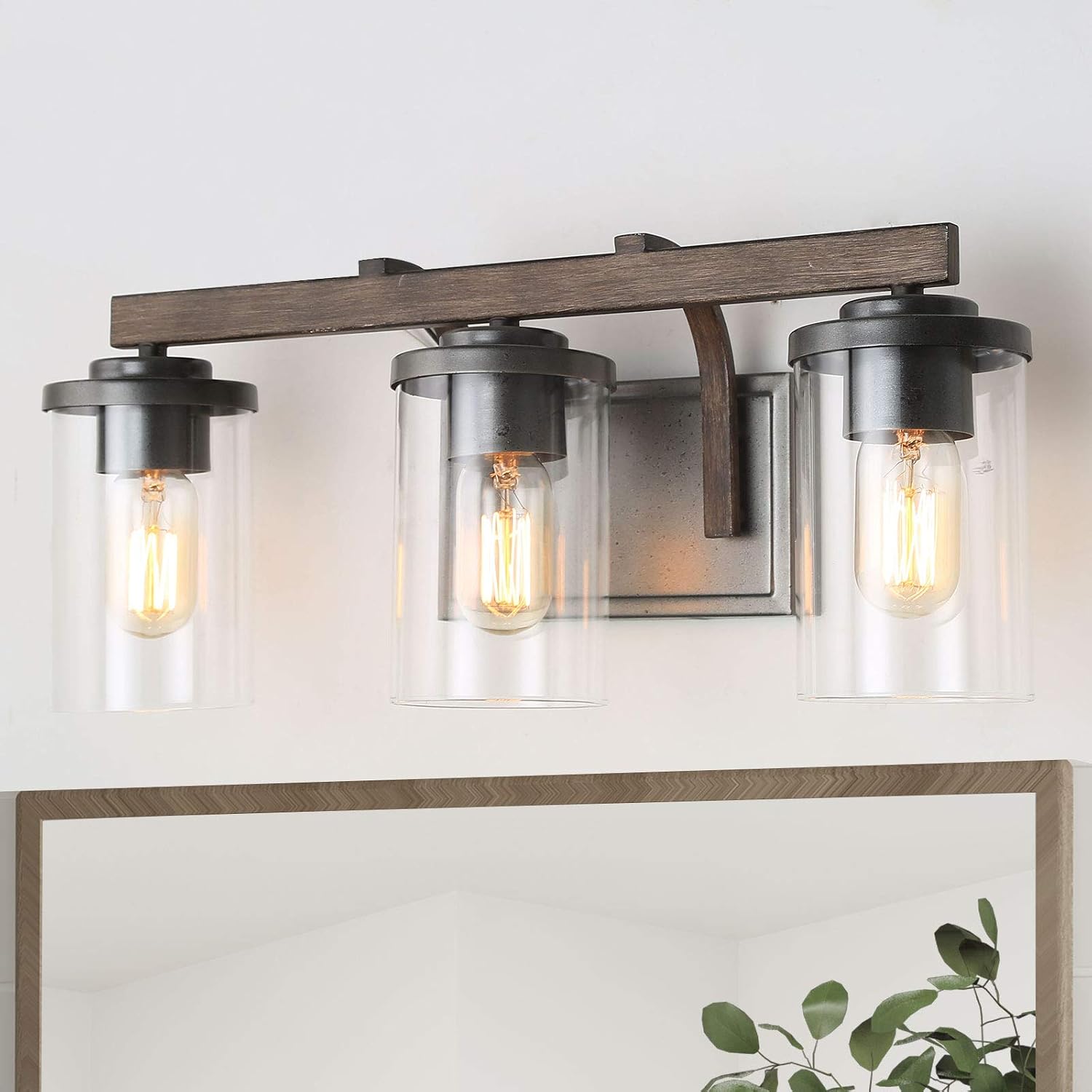 LALUZ Bathroom Vanity Light Fixtures, 3-Light Farmhouse Vanity Light with Clear Glass Shades, Faux Wood, 20'' L x 6.3'' W x 8.7'' H