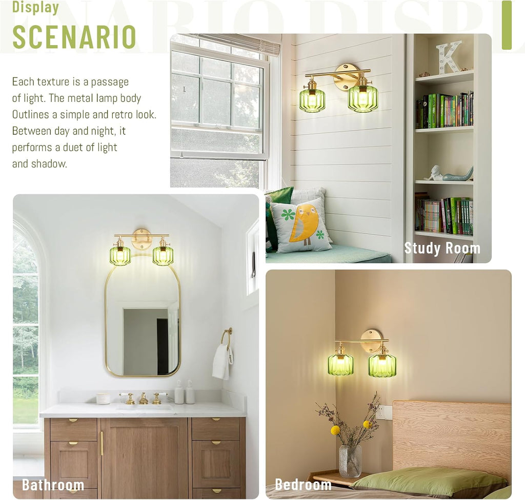 Bathroom Vanity Lighting Mid Century Wall Sconce 2-Light Farmhouse Gold Brass Brushed Bathroom Wall Light Fixtures with Green Striped Hand Blown Glass Shade for Bedroom Living Room
