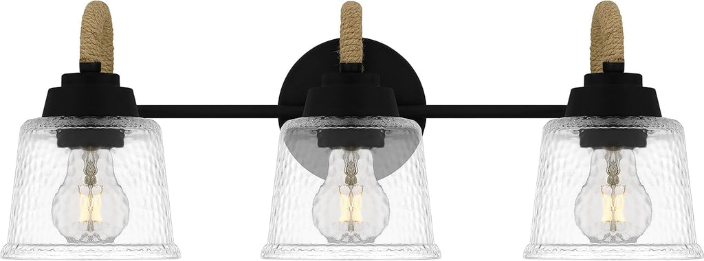 Quoizel Seabreeze Bath Vanity Lights,22 Inch 3-Light Matte Black Coastal-Inspired Lighting Fixtures Over Mirror, Clear Hammered Glass, 100W, Transitional Wall Light for Bathroom, Dresser or Sink