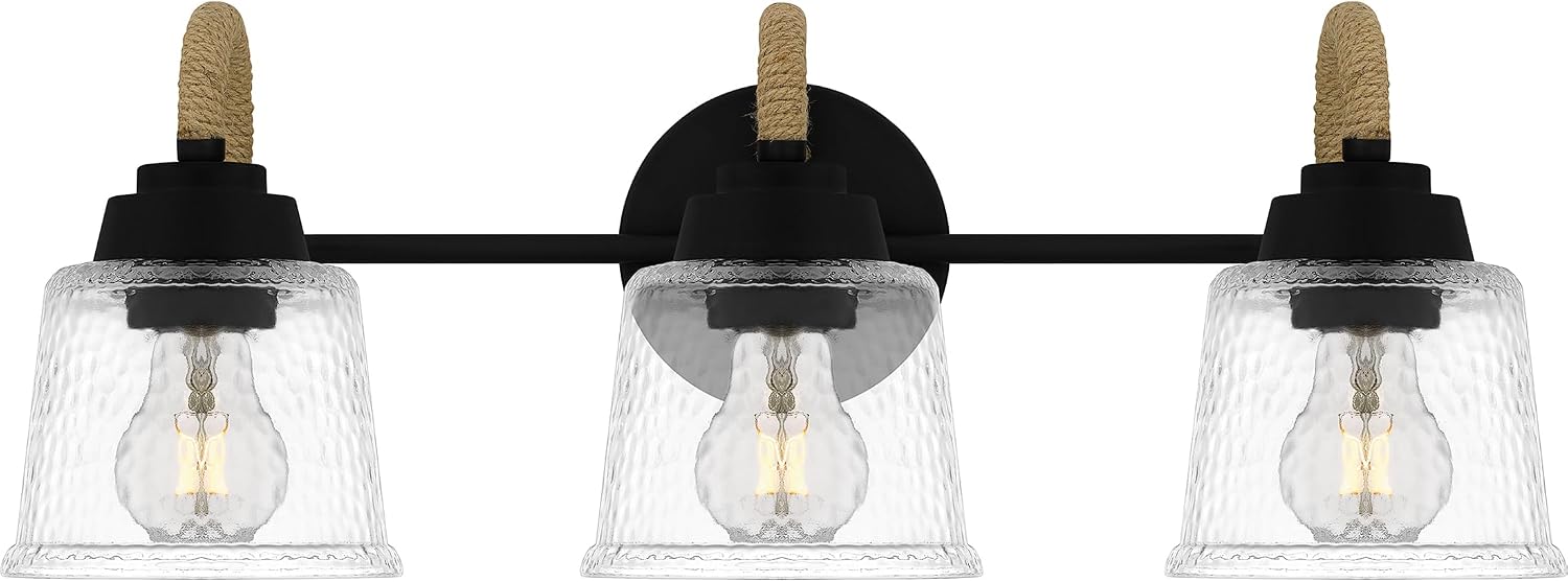Quoizel Seabreeze Bath Vanity Lights,22 Inch 3-Light Matte Black Coastal-Inspired Lighting Fixtures Over Mirror, Clear Hammered Glass, 100W, Transitional Wall Light for Bathroom, Dresser or Sink