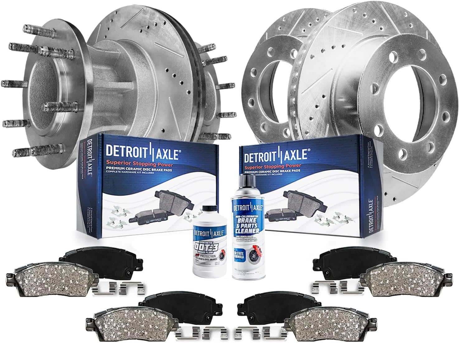 Detroit Axle - DRW Brake Kit for 2013-2022 Ford F-350 Super Duty, Drilled and Slotted Disc Brake Rotors Ceramic Brakes Pads Replacement: 14.29' inch Front and Rear Rotor