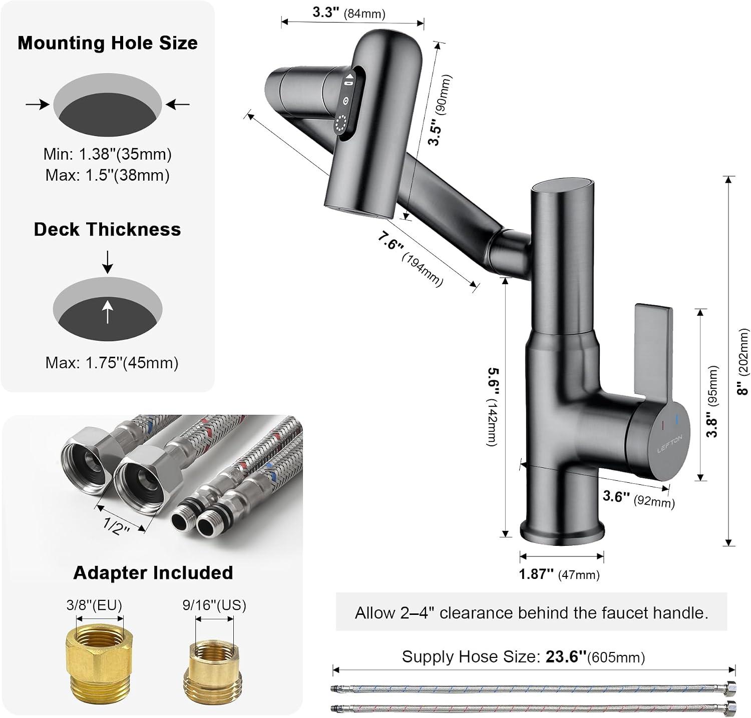 Lefton Rotatable Bathroom Faucet with Temperature Display in Fahrenheit (Batteries-Free), 3 Water Modes, Dark Grey, BF2204-2