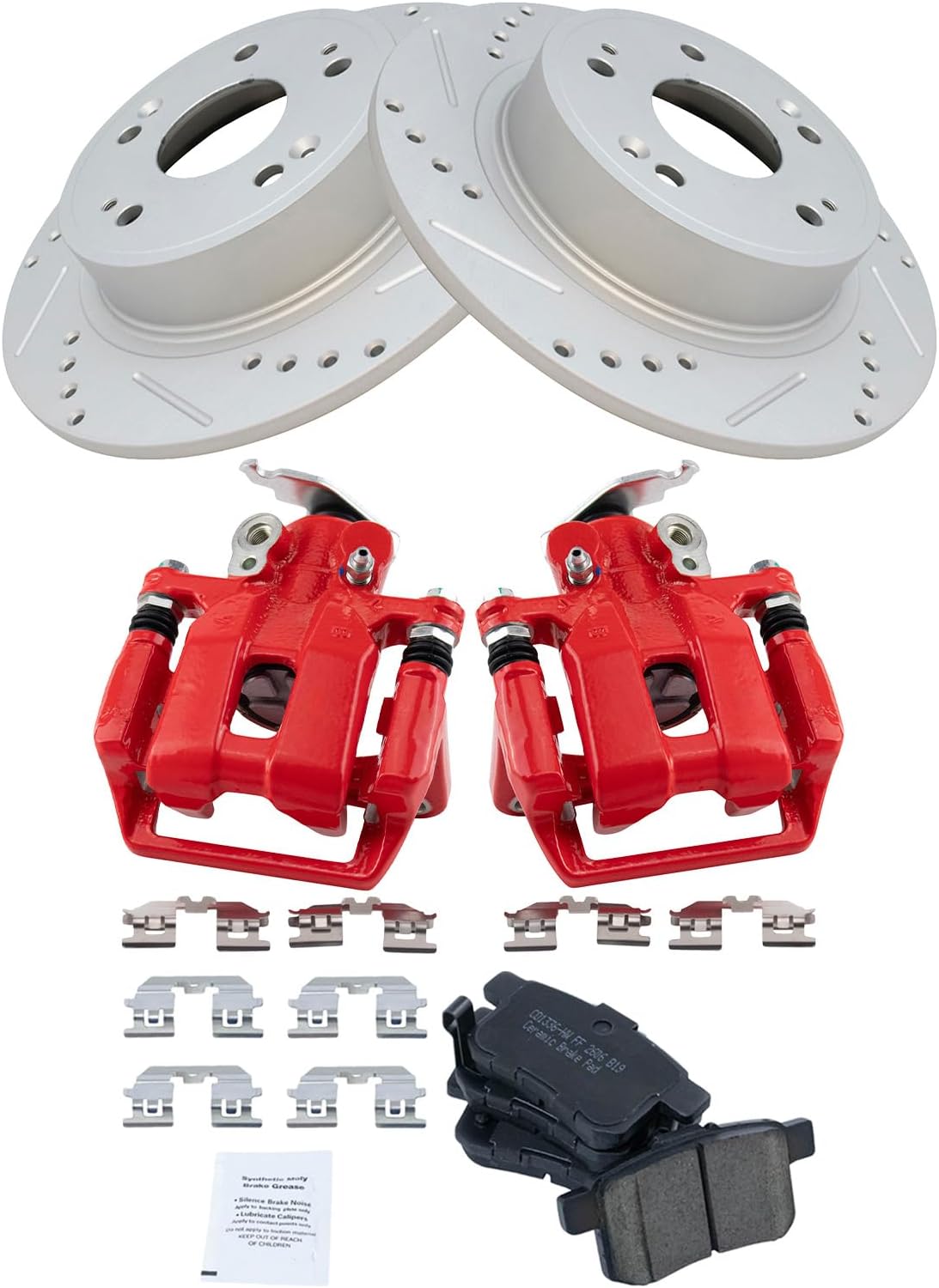 TRQ Performance Rear Brake Pad and Rotor Set Ceramic Coated Drilled Slotted Vented Rotors Calipers Red Compatible with 2009-2014 Acura TSX 2008-2012 Honda Accord