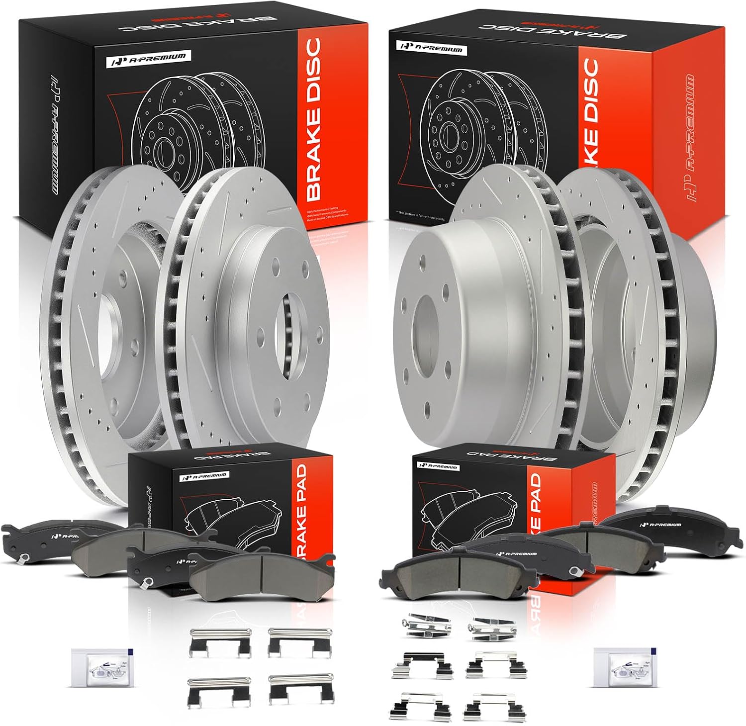 A-Premium Front & Rear Drilled and Slotted Disc Brake Rotors + Ceramic Pads Kit Compatible with Cadillac, Chevy and GMC Models - Silverado 1500, Escalade, Avalanche 1500, Sierra 1500, Yukon