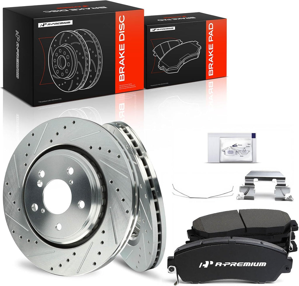 A-Premium 12.60 inch (320 mm) Front Drilled and Slotted Disc Brake Rotors + Ceramic Pads Kit Compatible with Select Honda Models - Odyssey 2015-2017, Passport 2019-2021, 6-PC Set