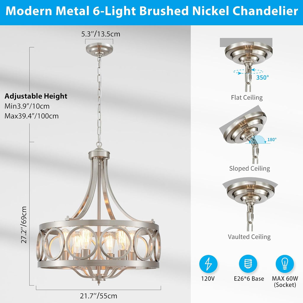 XINGQI Brushed Nickel Dining Room Chandelier 6 Lights Modern Farmhouse Chandelier 21.7' Round Hanging Lighting Fixture Rustic Metal Drum Pendant Lamp for Entryway Bedroom Kitchen