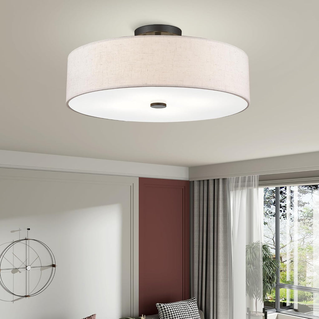Livex Lighting 52136-92 Meridian Collection 4-Light Transitional Ceiling Mount Fixture with Oatmeal Color Fabric Hardback Shade, English Bronze