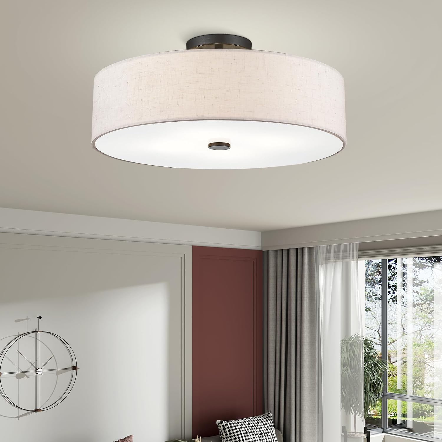 Livex Lighting 52136-92 Meridian Collection 4-Light Transitional Ceiling Mount Fixture with Oatmeal Color Fabric Hardback Shade, English Bronze