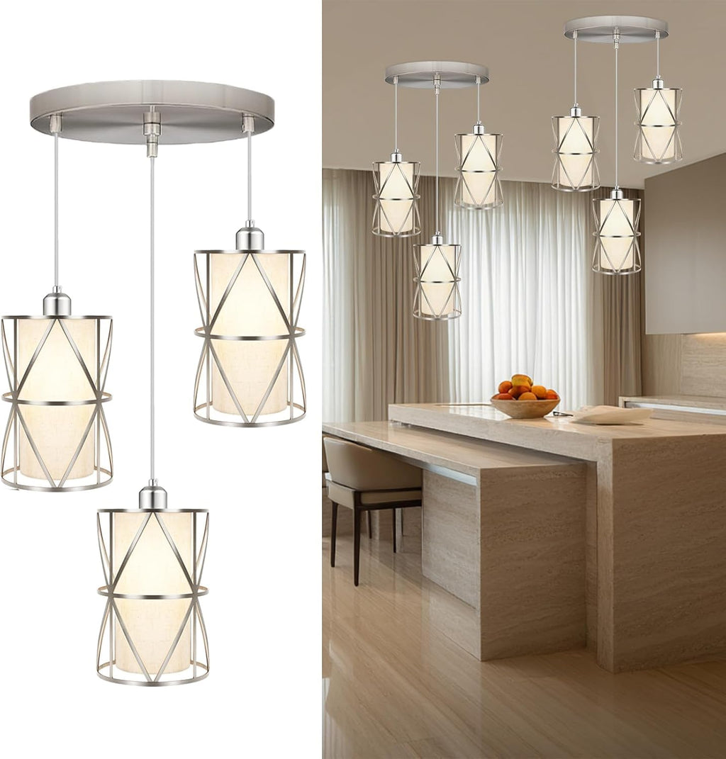 Brushed Nickel 3 Light Chandelier, Adjustable Height Pendant Lights Kitchen Island, Modern Pendant Lights with Linen Shade, Kitchen Light fixtures for Kitchen, Dining Room, Living Room