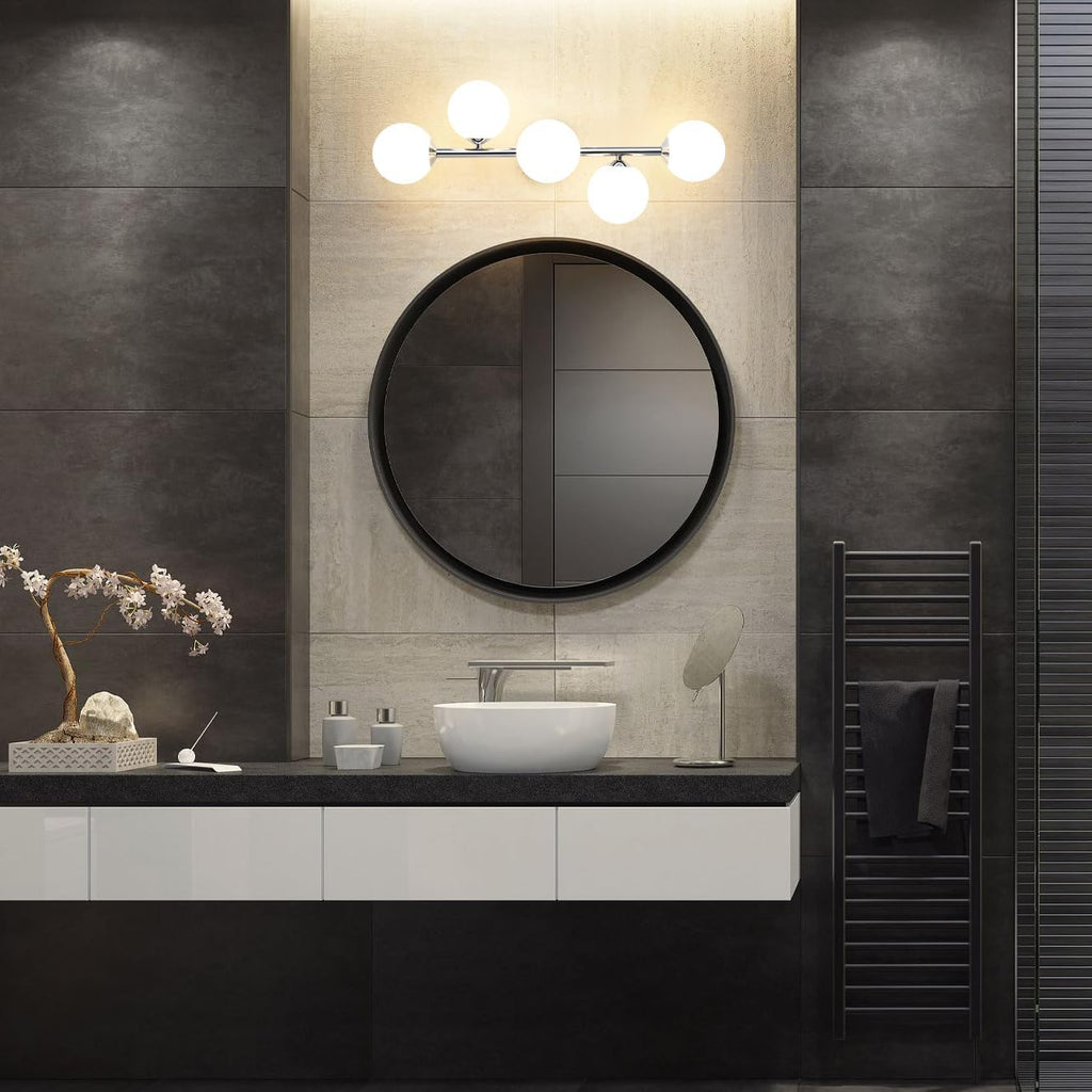Mid Century Modern Bathroom Vanity Lights - 5-Light Chrome Dimmable LED Fixtures with Frosted Milk Glass, Wall Sconces Included