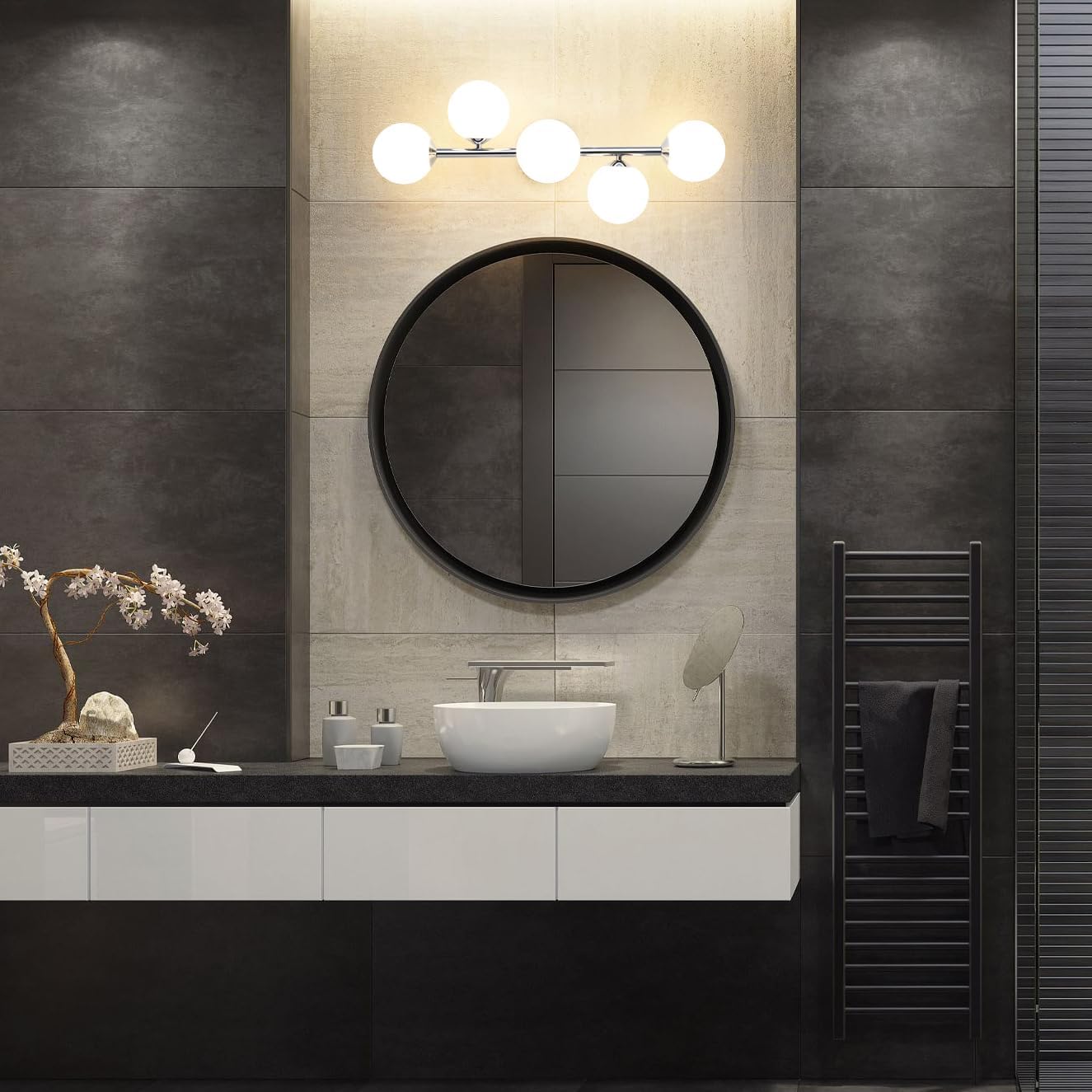 Mid Century Modern Bathroom Vanity Lights - 5-Light Chrome Dimmable LED Fixtures with Frosted Milk Glass, Wall Sconces Included